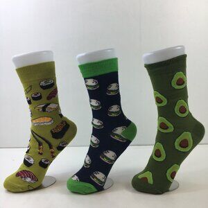 Unisex Crew Socks Set 3 Sushi Burger Avocado Print Green Black Brown Yellow